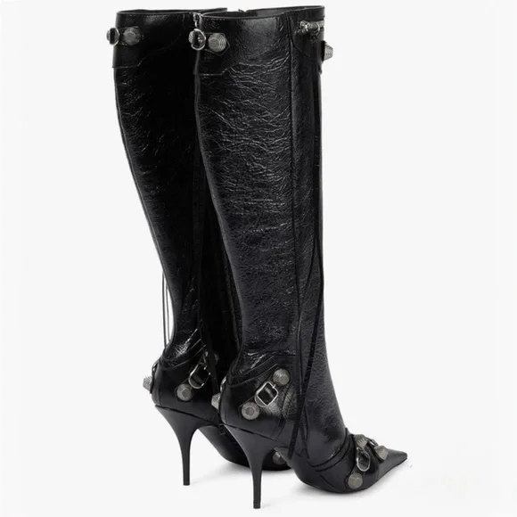 Rocker Chic Knee High Studded Stiletto Boots with Tassels - Picture 2 of 13